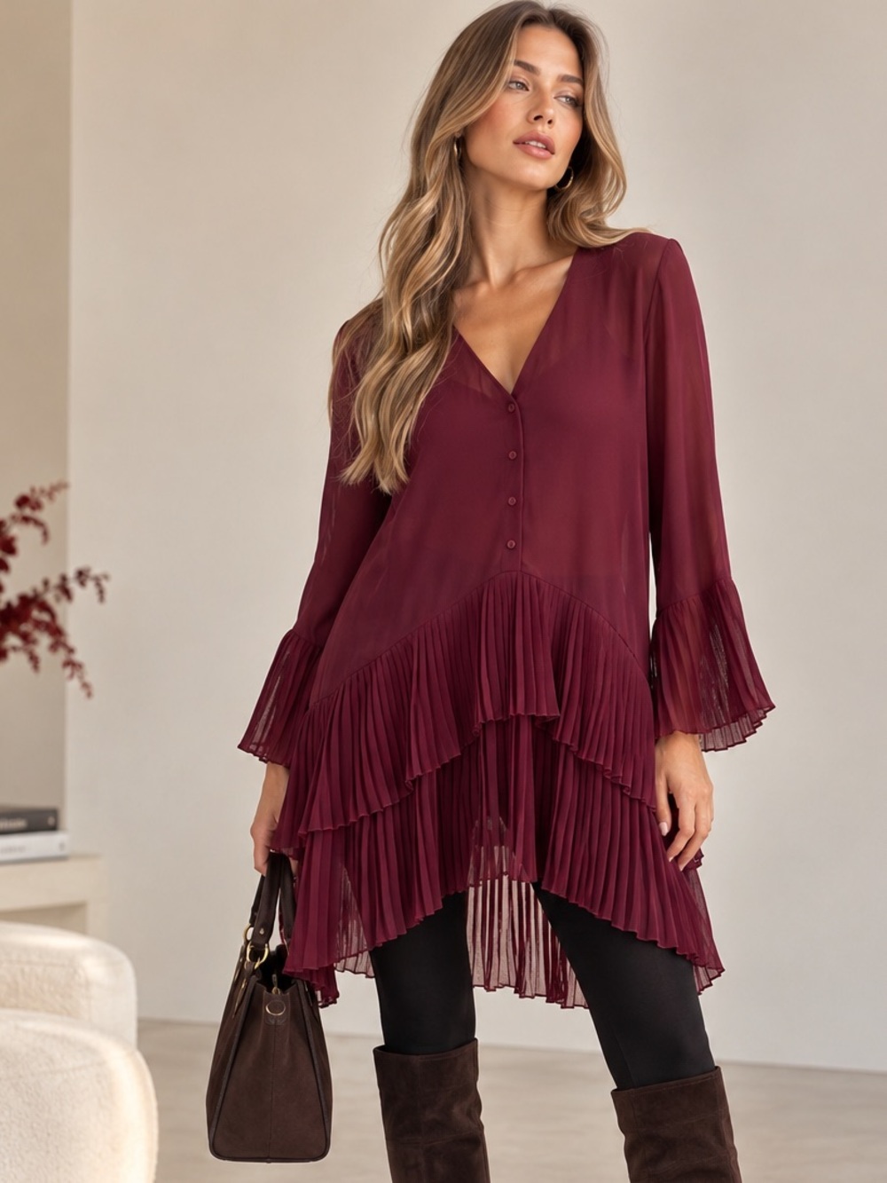 Zara Woman Burgundy Pleated Ruffle Tunic Blouse XS